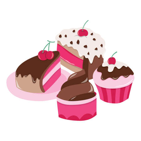 A cartoon vector illustration of a bunch of cakes and cupcakes.のイラスト素材