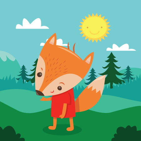 A cartoon vector illustration of a cute fox in the woods.のイラスト素材
