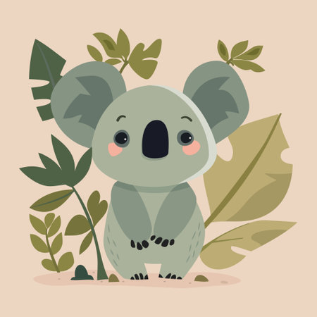 A cartoon vector illustration of a cute koala and some leaves on the background.のイラスト素材