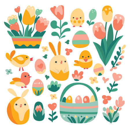 A cartoon vector illustration of easter theme decorations and characters collection like easter eggs, easter rabbits, spring flowers, tulips and more.のイラスト素材