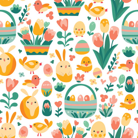 A cartoon vector illustration of easter theme seamless pattern background with easter eggs, easter rabbits, spring flowers, tulips and more.のイラスト素材