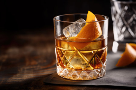Old fashioned whiskey drink on ice with orange zest garnishの素材