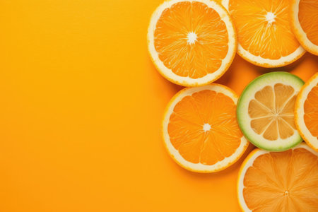top view of orange slices with copy space on orange backgroundの素材