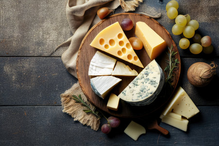 top view of aged craft cheeses with mold, pears, grapes on kitchen wood benchの素材