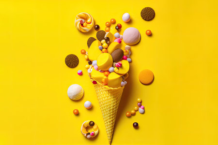 Top view of Different Kind Of Candies In Ice Cream Cone On Yellow Backgroundの素材