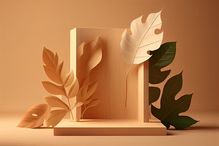 3D wooden podium display with leaf shadow, beige background.. Minimal mockup background for product presentation.の素材