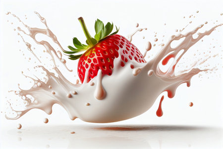 Milk or yogurt splash on a single strawberry floating in air isolated on white background.の素材