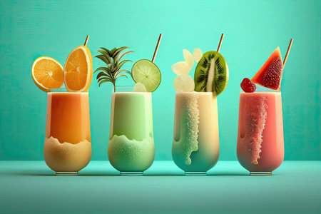 front view with a row of 4 fresh cocktails or tropical juice drinks on solid aqua green backgroundの素材