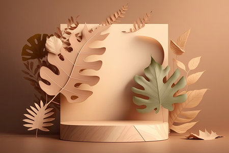 3D wooden podium display with leaf shadow, beige background.. Minimal mockup background for product presentation.の素材