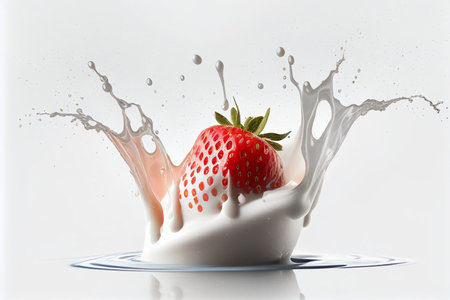 Milk or yogurt splash on a single strawberry floating in air isolated on white background.の素材