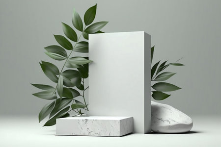 Minimal mockup background for product presentation. White stone slabs podium with green leaves.の素材
