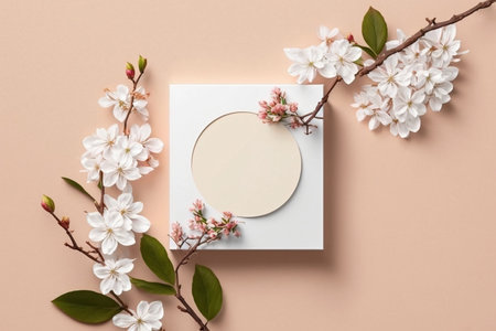 Minimal mockup background for product presentation. Top view with spring cherry blossom and sakura and branch with blank white copy space.の素材
