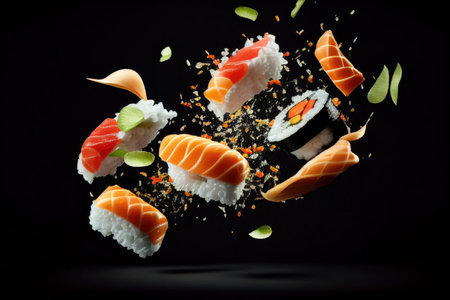Sushi maki pieces flying in air, Japanese food on black backgroundの素材