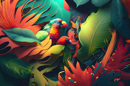 Closeup macro abstract natural background with jungle flora and fauna. Creative background with exotic bright colorful leaves and birds.の素材