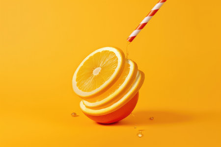 Fruit cocktail with orange slice on orange background. Minimal summer concept.の素材