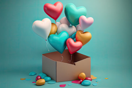 A gift box filled with blue, pink and white heart shaped balloons on blue backgroundの素材