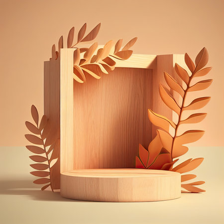 3D wooden podium display with leaf shadow, beige background.. Minimal mockup background for product presentation.の素材