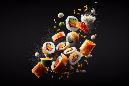 Sushi maki pieces flying in air, Japanese food on black backgroundの素材