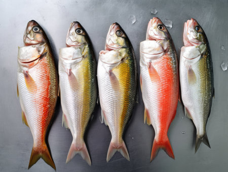 Fresh fish on a black background. Close-up, top view.の素材