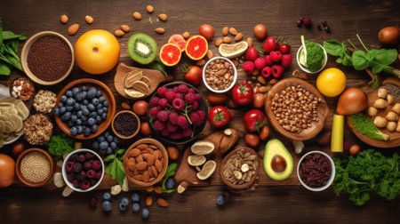 Healthy food selection on wooden background. Superfoods and healthy eating concept.の素材