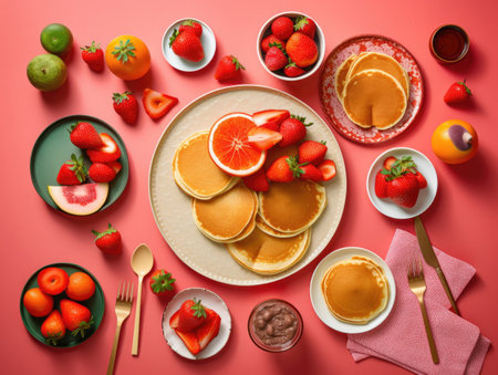 Plate with tasty pancakes and fruits on color background, top viewの素材