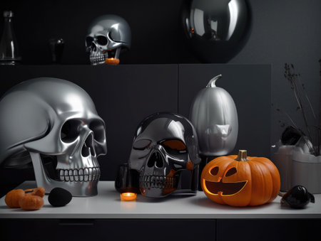 Halloween decoration with human skulls and pumpkins.の素材