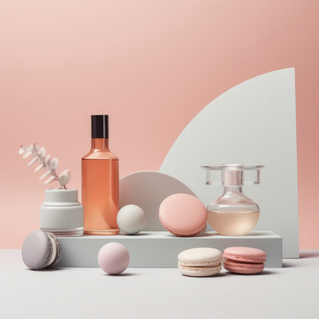 Cosmetic products, macaroons, perfume, moisturizer, cream on a light background.の素材