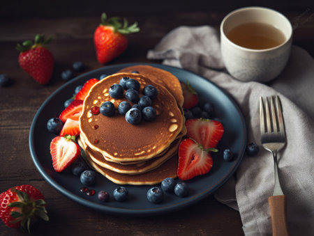 Pancakes with blueberries, strawberries and honey on wooden backgroundの素材
