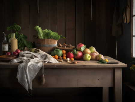Still life with fresh fruits and vegetables in a rustic kitchen.の素材