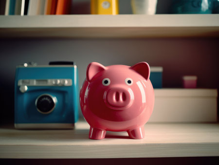 Pink piggy bank on a shelf with a retro camera in the backgroundの素材