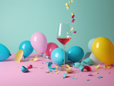 Glass of wine with confetti and balloons on pink background.の素材