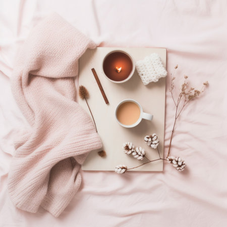 Flat lay composition with cup of coffee and knitted sweater on pink background. Cozy home concept.の素材