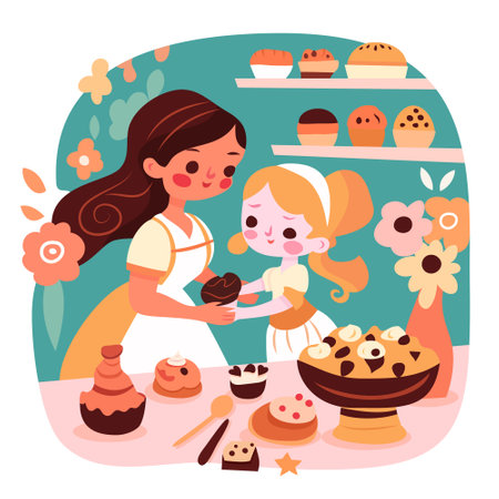 A retro style cartoon vector illustration of a cute mother and daughter baking in kitchen.のイラスト素材