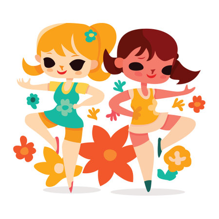 A cartoon vector illustration of 2 cute girls doing yoga in nature.のイラスト素材