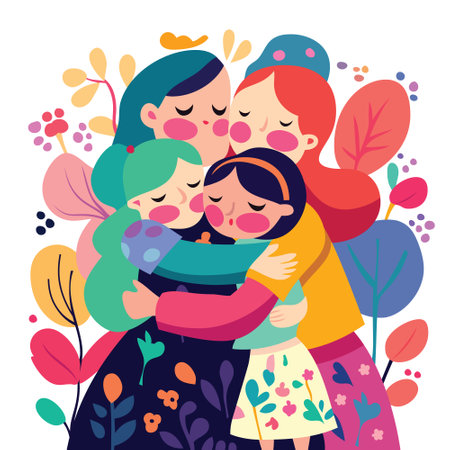 A cartoon vector illustration of a family of four girls hugging in whimsical colorful style.のイラスト素材