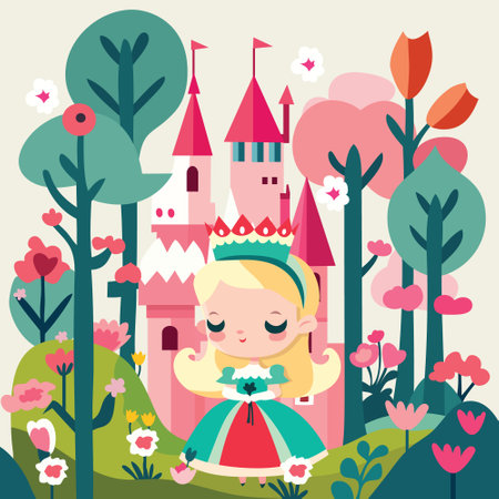 A cartoon vector illustration of a princess and a pink castle in fairy tale landのイラスト素材