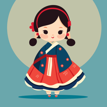 A cartoon vector illustration of a cute little girl in traditional korean dressのイラスト素材