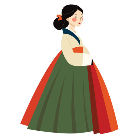 A cartoon vector illustration of korean girl in traditional hanbok dress.のイラスト素材