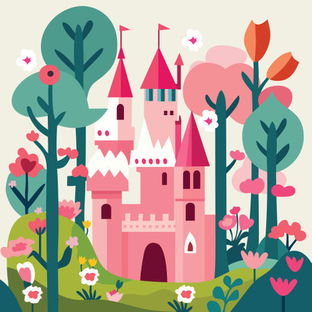 A cartoon vector illustration of a pink castle in fairy tale landのイラスト素材