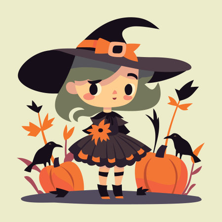 A cartoon vector illustration of a witch girl and crows on halloween pumpkinsのイラスト素材
