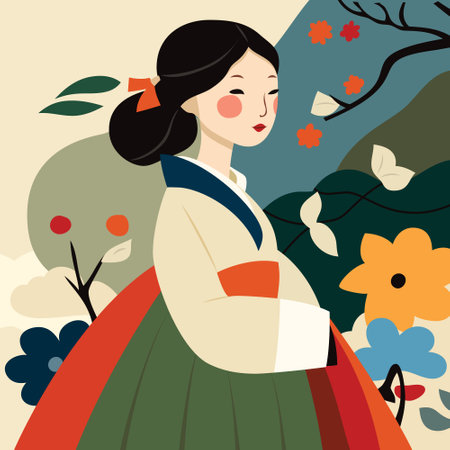 A cartoon vector illustration of korean girl in traditional hanbok dress.のイラスト素材