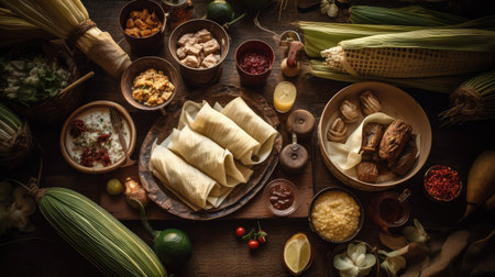 Top view of mexican traditional food on wooden table with ingredients.の素材