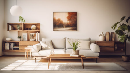 Interior of modern living room with white sofa and wooden coffee tableの素材