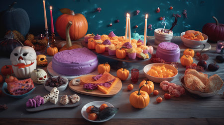 Halloween still life with sweets, candies, pumpkins and candlesの素材