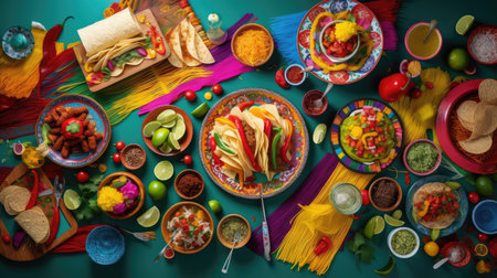 Traditional mexican food on colorful background. Top view with copy spaceの素材