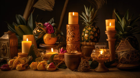 Spa still life with candles and tropical fruits on wooden background.の素材