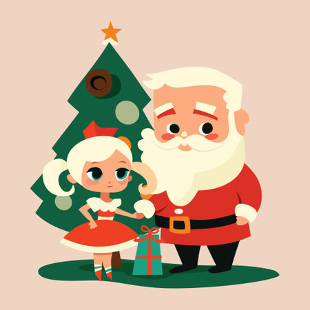 This charming vector illustration depicts the iconic Santa Claus in his traditional red suit with a white beard, standing beside a cheerful Christmas girl in a matching red and white dress.のイラスト素材