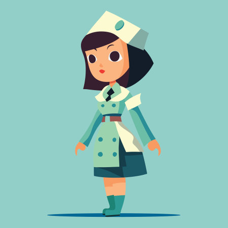 The illustration portrays a retro-styled nurse in a teal uniform,. Embracing mid-century design, this female character exudes professionalism and determination, with her vintage nurse cap accentuating her healthcare persona against a pastel backdrop.のイラスト素材