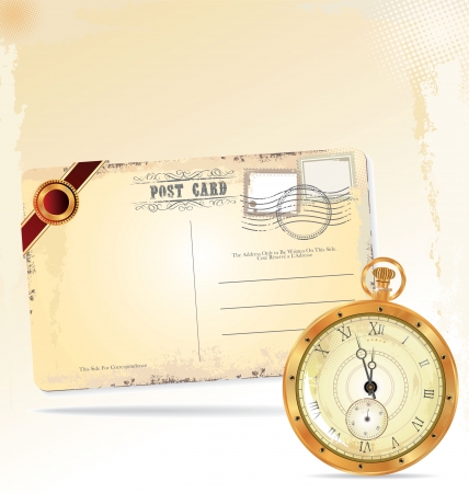 Old pocket watch and retro post cardのイラスト素材