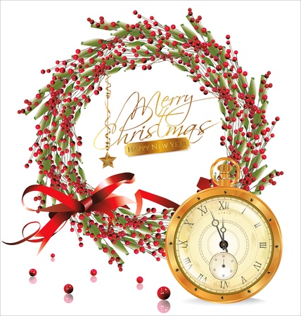 Red bubble christmas wreath and golden old watchのイラスト素材